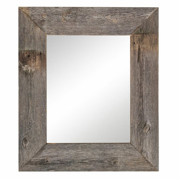 A rectangular mirror with a rustic, weathered wooden frame made of reclaimed barnwood. The frame has a natural finish with visible knots, grain patterns, and slight imperfections, giving it a vintage, farmhouse-style look.