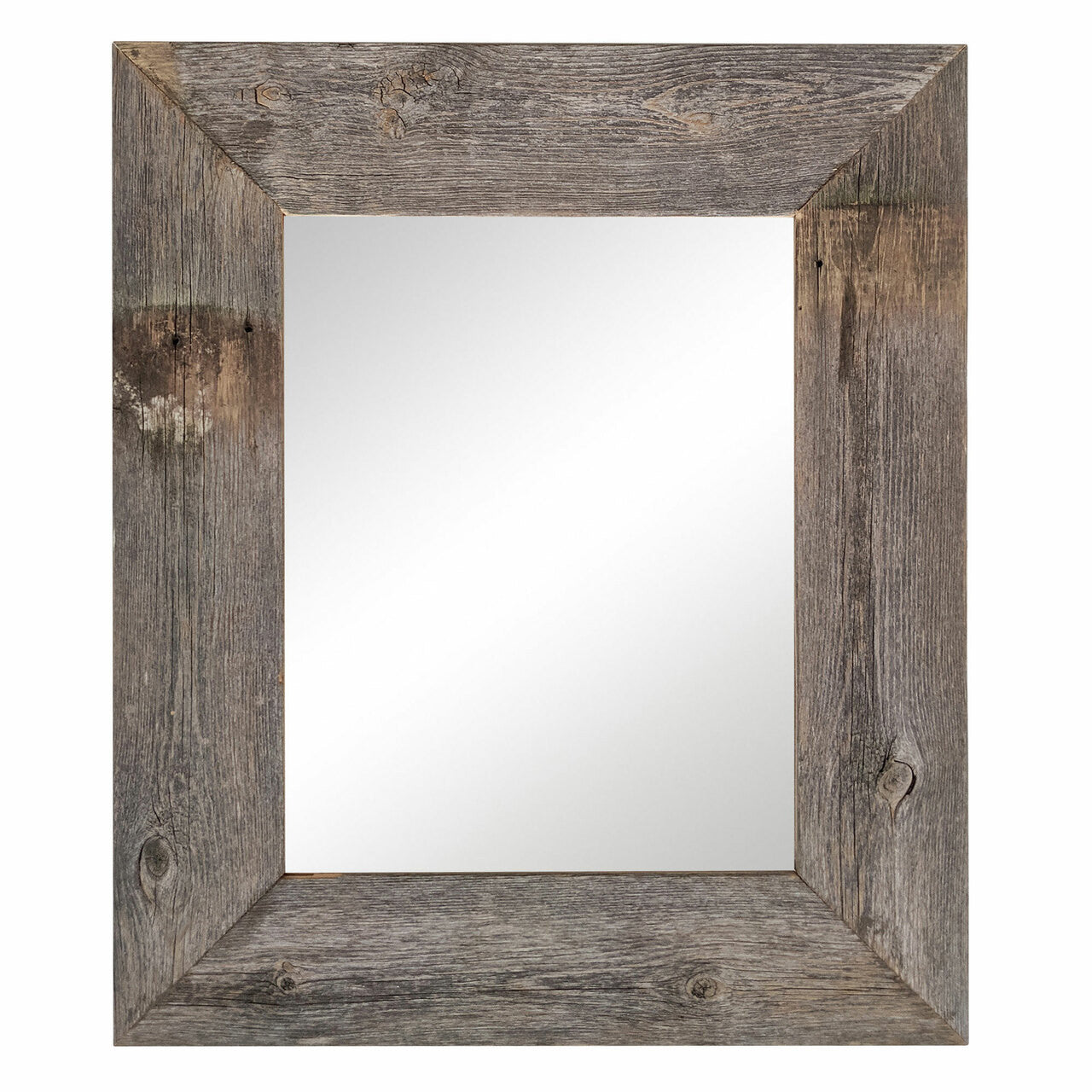A rectangular mirror with a rustic, weathered wooden frame made of reclaimed barnwood. The frame has a natural finish with visible knots, grain patterns, and slight imperfections, giving it a vintage, farmhouse-style look.