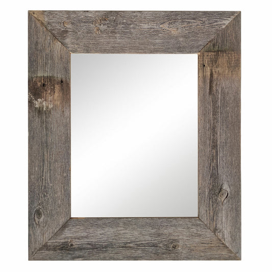 A rectangular mirror with a rustic, weathered wooden frame made of reclaimed barnwood. The frame has a natural finish with visible knots, grain patterns, and slight imperfections, giving it a vintage, farmhouse-style look.