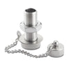A shiny silver metal cooler drain plug assembly is shown against a white background. The assembly includes a threaded spigot with a hexagonal nut, a wide circular flange, and a cap attached by a delicate chain.