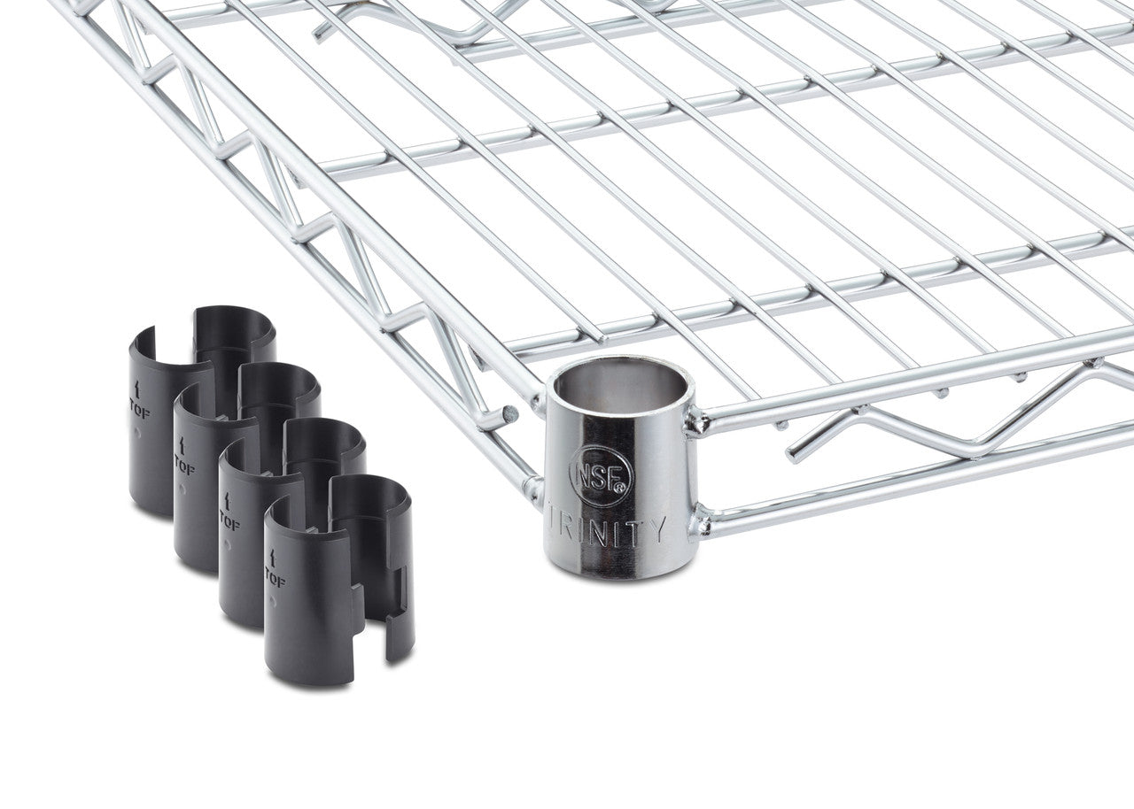A chrome wire shelving rack with a cylindrical sleeve labeled "NSF TRINITY" for securing to support poles. Four black plastic shelf clips are placed beside the shelf, used for height adjustment and stability.