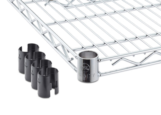 A chrome wire shelving rack with a cylindrical sleeve labeled "NSF TRINITY" for securing to support poles. Four black plastic shelf clips are placed beside the shelf, used for height adjustment and stability.