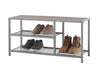 A three-tiered shoe bench with a boot tier is shown against a white background. The bench has a light brown wooden top and a gray metal frame with two wire shelves on the left and a taller open section on the right.