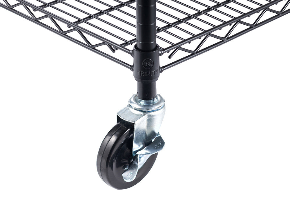 A close-up shot of a black swivel wheel attached to a black metal wire shelf unit. The wheel has a gray metal housing and a black plastic wheel.