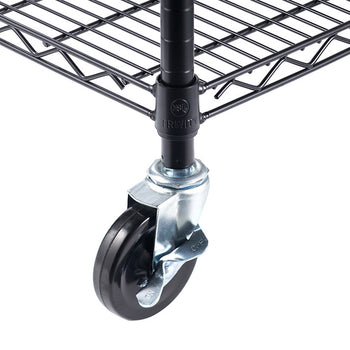 A close-up shot of a black swivel wheel attached to a black metal wire shelf unit. The wheel has a gray metal housing and a black plastic wheel.