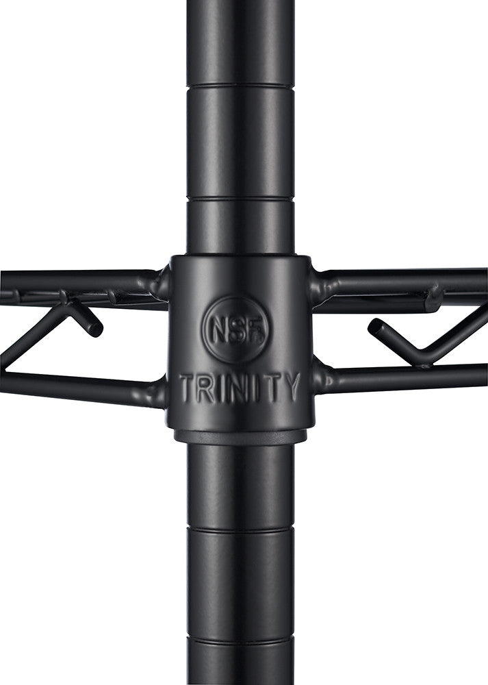 A close-up shot of a black metal shelving unit post, showcasing the "TRINITY" brand name embossed on a central connector piece. The connector also features a circular "NSF" logo, with the shelving wires extending outwards.