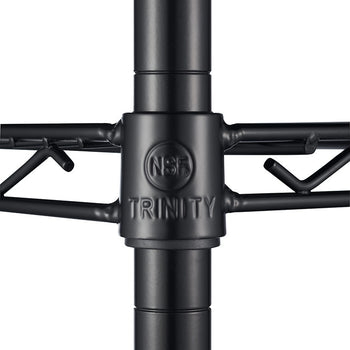 A close-up shot of a black metal shelving unit post, showcasing the 
