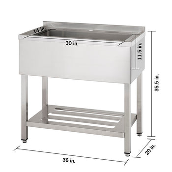 A stainless steel utility sink with a basin measuring 30x14x11.5 inches is shown with dimensional labels. The sink has a stand with a lower shelf and adjustable feet.
