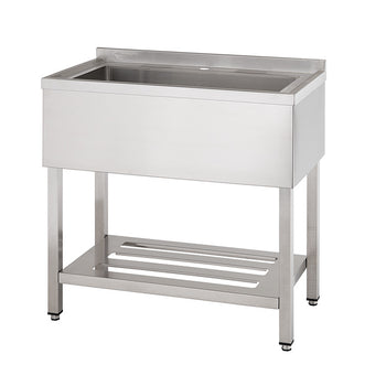 A stainless steel utility sink with a rectangular basin is shown on a white background. The sink is mounted on a stand with four legs and a slatted shelf at the bottom.