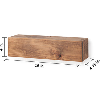 A rectangular rustic brown wooden floating shelf with natural wood grain and a visible knot is shown against a plain white background. Dimension overlay lines show measurements of 16 inches wide, 4.75 inches deep, and 4 inches high.