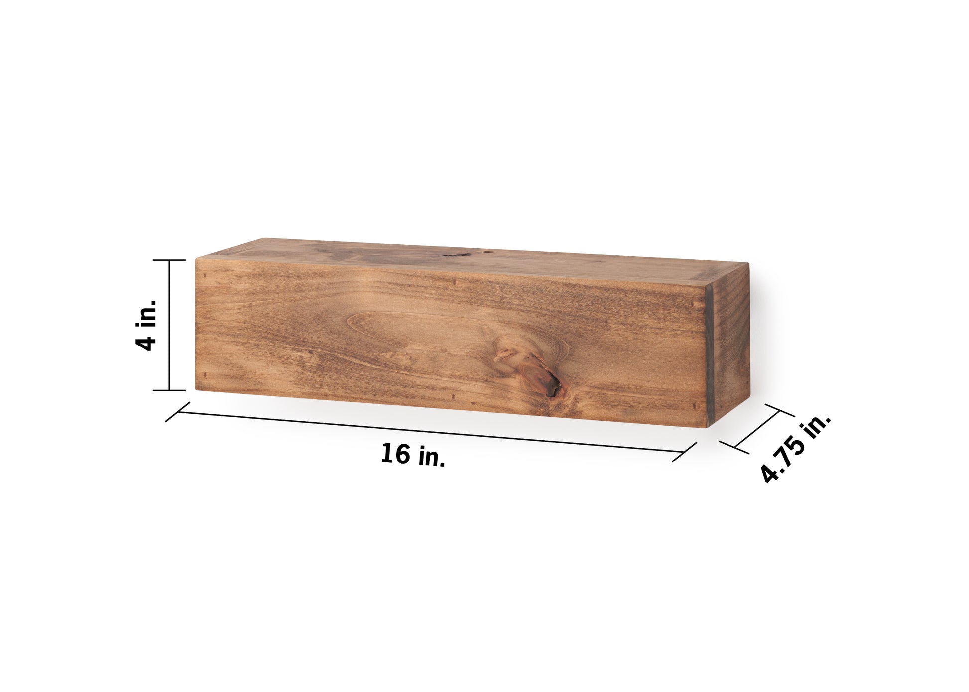 A rectangular rustic brown wooden floating shelf with natural wood grain and a visible knot is shown against a plain white background. Dimension overlay lines show measurements of 16 inches wide, 4.75 inches deep, and 4 inches high.