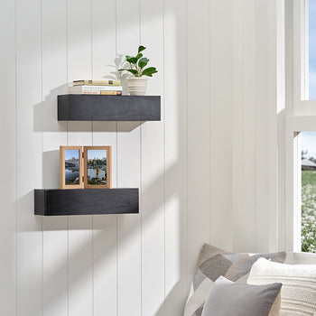 Two black floating shelves are mounted on a white shiplap wall next to a bright window overlooking a grassy field. The shelves display a small potted plant, a stack of books, and a wooden double picture frame.