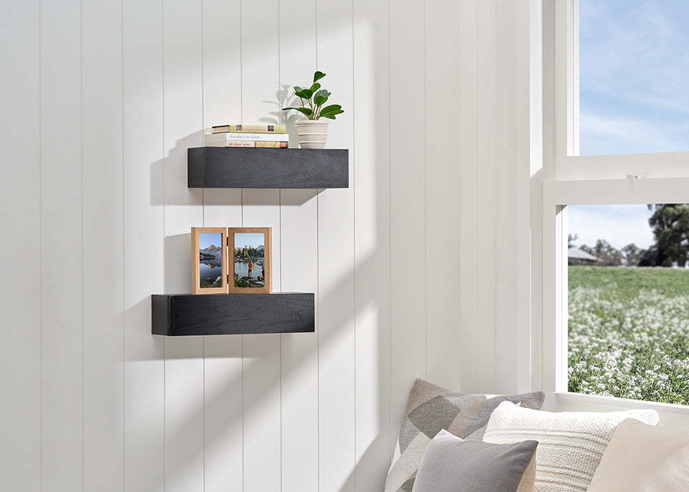Two black floating shelves are mounted on a white shiplap wall next to a bright window overlooking a grassy field. The shelves display a small potted plant, a stack of books, and a wooden double picture frame.