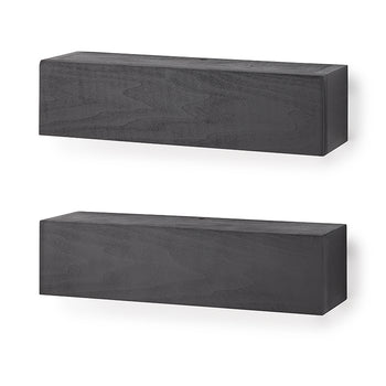 Two rectangular floating wall shelves made of black wood with a visible natural grain pattern are displayed against a white background. The shelves are arranged vertically, one above the other, showing a thick box-style design and clean edges.