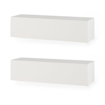 Two rectangular white floating shelves are displayed one above the other against a plain white background. The shelves feature a clean, minimalist design with a smooth matte finish and sharp 90-degree angles.