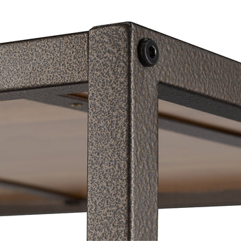 A close-up shot of a bronze anthracite metal box frame shows its textured surface and a hexagonal bolt at the corner.