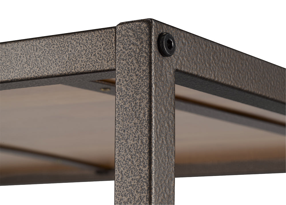 A close-up shot of a bronze anthracite metal box frame shows its textured surface and a hexagonal bolt at the corner.