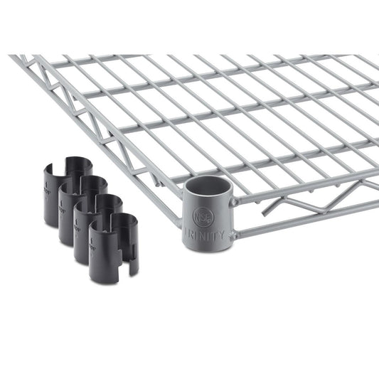 A 48 inches wide by 18 inches deep chrome shelf for trinity shelving racks. To the left are several black plastic clips, likely used for securing the shelves to support poles.