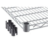 A 48 inches wide by 18 inches deep chrome shelf for trinity shelving racks. To the left are several black plastic clips, likely used for securing the shelves to support poles.
