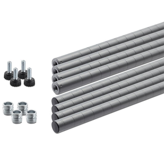 Two sets of gray poles, top and bottom, with included hardware. To the left are four adjustable leveling feet with black rubber bases and silver threaded stems, along with four silver, ridged, cylindrical pieces, possibly connectors or shelf supports.