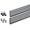 Two sets of gray poles, top and bottom, with included hardware. To the left are four adjustable leveling feet with black rubber bases and silver threaded stems, along with four silver, ridged, cylindrical pieces, possibly connectors or shelf supports.