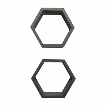 Two black hexagonal metal wall shelves are displayed against a white background. They are minimalist in design and positioned one above the other with a small gap in between.