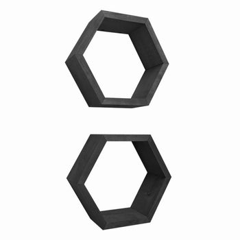 Two black, hexagonal floating shelves are stacked vertically against a white background. Each shelf is open in the center, creating a geometric frame for displaying items.