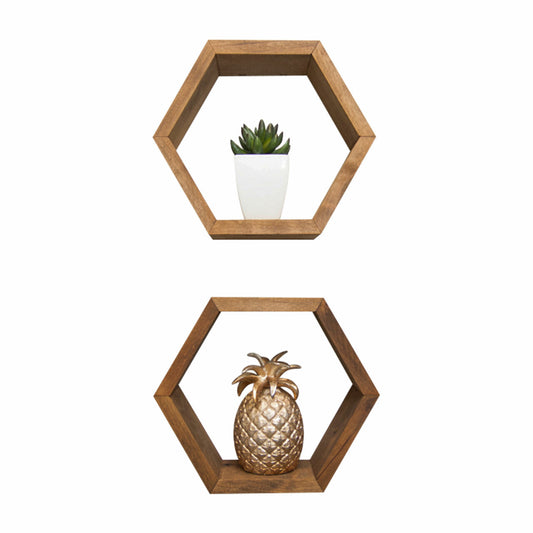 Two wooden hexagon shelves are mounted on a white wall, each containing a decorative item. The top shelf holds a small potted succulent, while the bottom shelf displays a gold pineapple figurine.