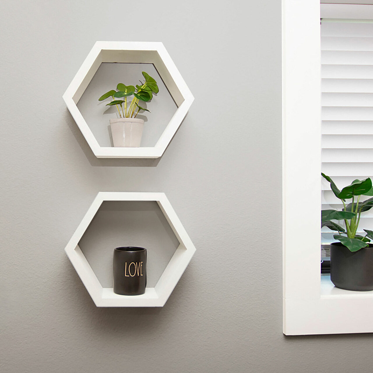 Two white hexagon shelves are mounted on a gray wall, each holding a small plant. The bottom shelf also contains a dark-colored container labeled "LOVE".