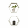 Two white hexagon shelves are mounted on a white wall, each containing a decorative item. The top shelf features a small potted plant, while the bottom shelf holds a black container with the word "LOVE" written in white.