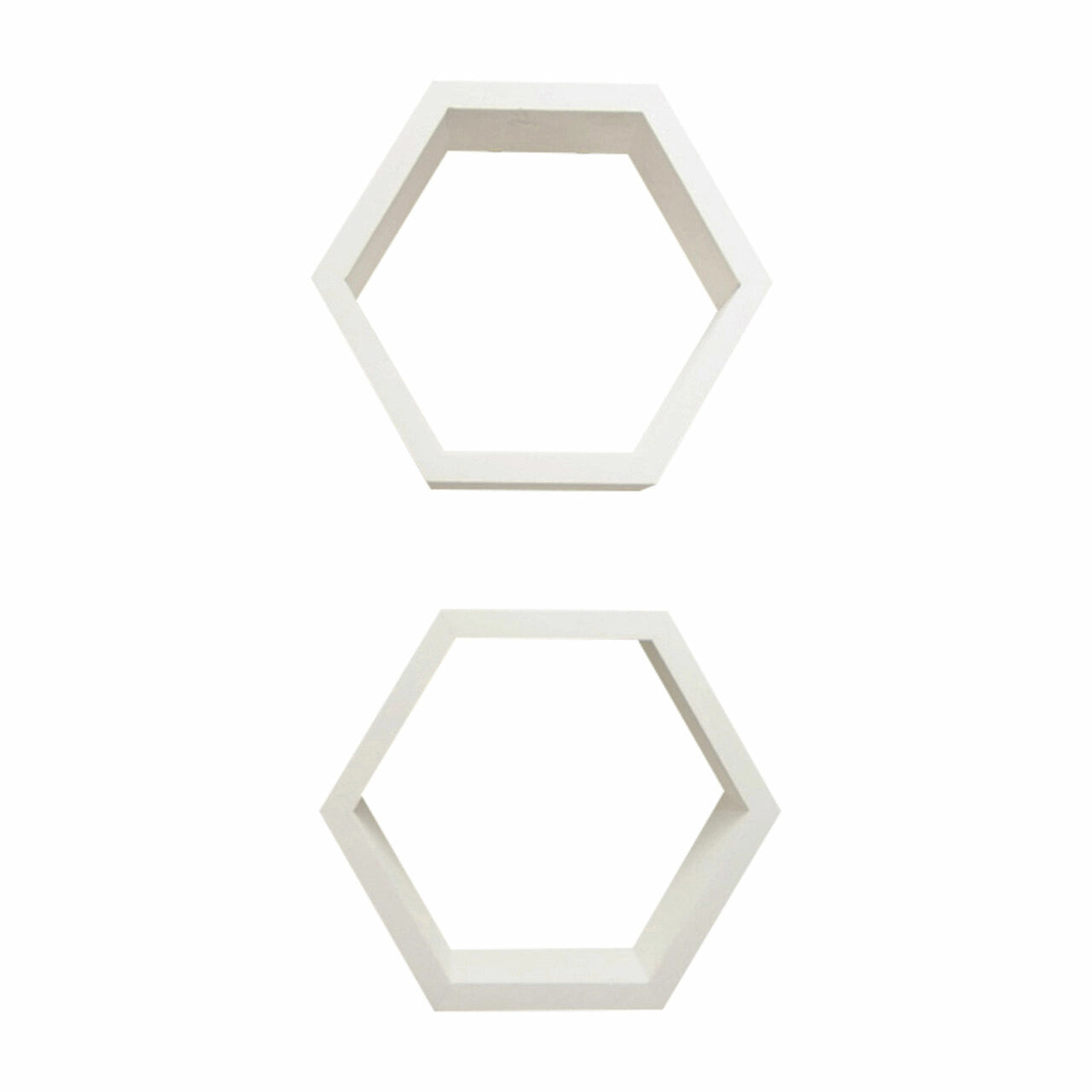 Two white, hexagonal shelves are stacked vertically against a white background. The shelves are identical, with a simple, modern design.