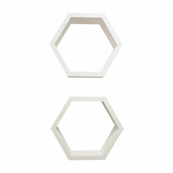 Two white, hexagonal shelves are stacked vertically against a white background. The shelves are identical, with a simple, modern design.