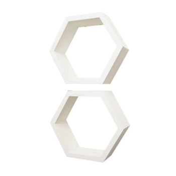 Two white hexagonal wall shelves are stacked vertically with a small gap between them. Each shelf has a modern, minimalist design with clean edges and a hollow center.