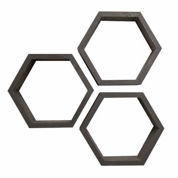 Three black hexagon-shaped shelves are arranged in a cluster against a white background. The shelves are identical, with a simple, modern design.