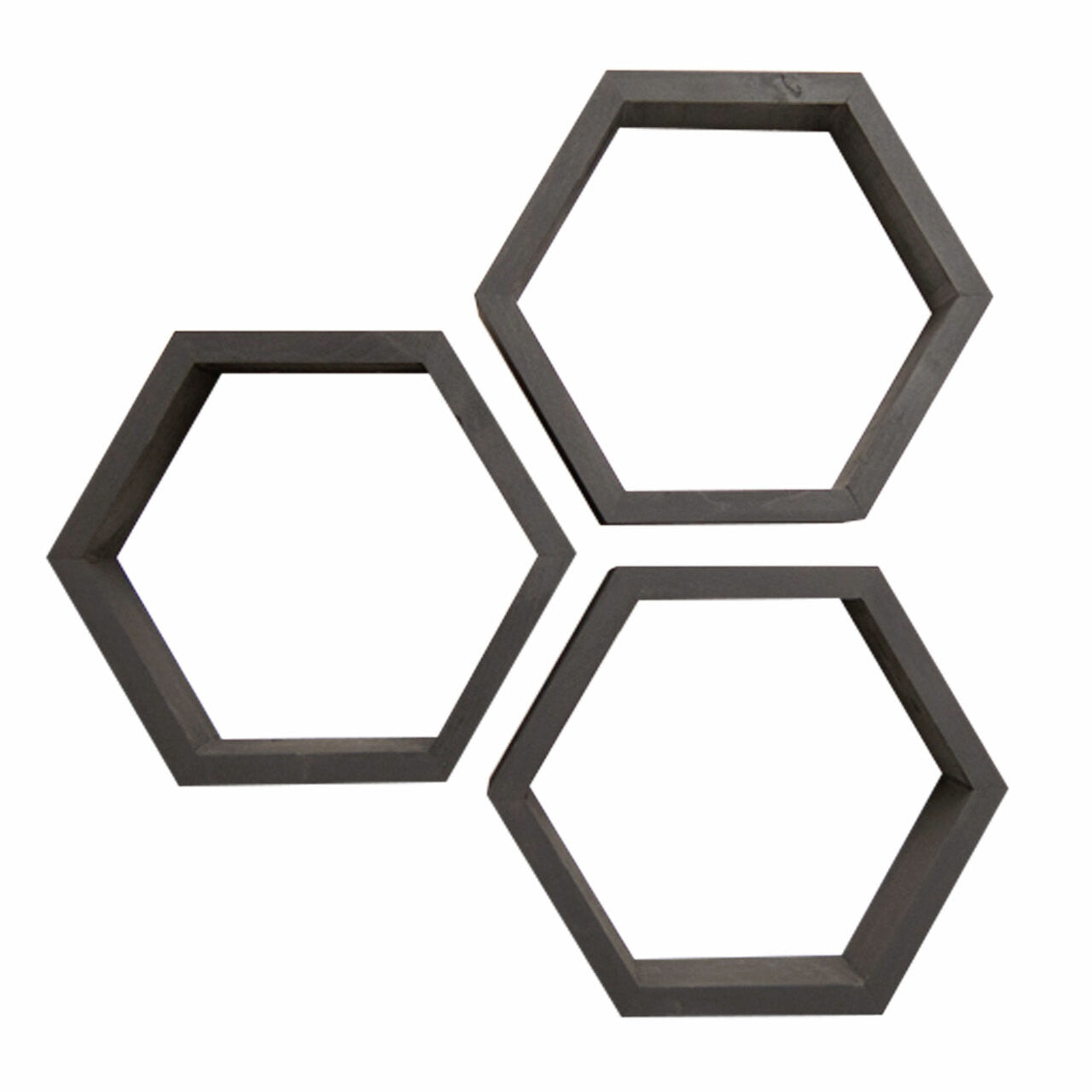 Three black hexagon-shaped shelves are arranged in a cluster against a white background. The shelves are identical, with a simple, modern design.