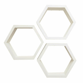 Three white hexagon shelves are arranged in a cluster against a white background. The shelves are different sizes and are positioned to create a visually appealing composition.