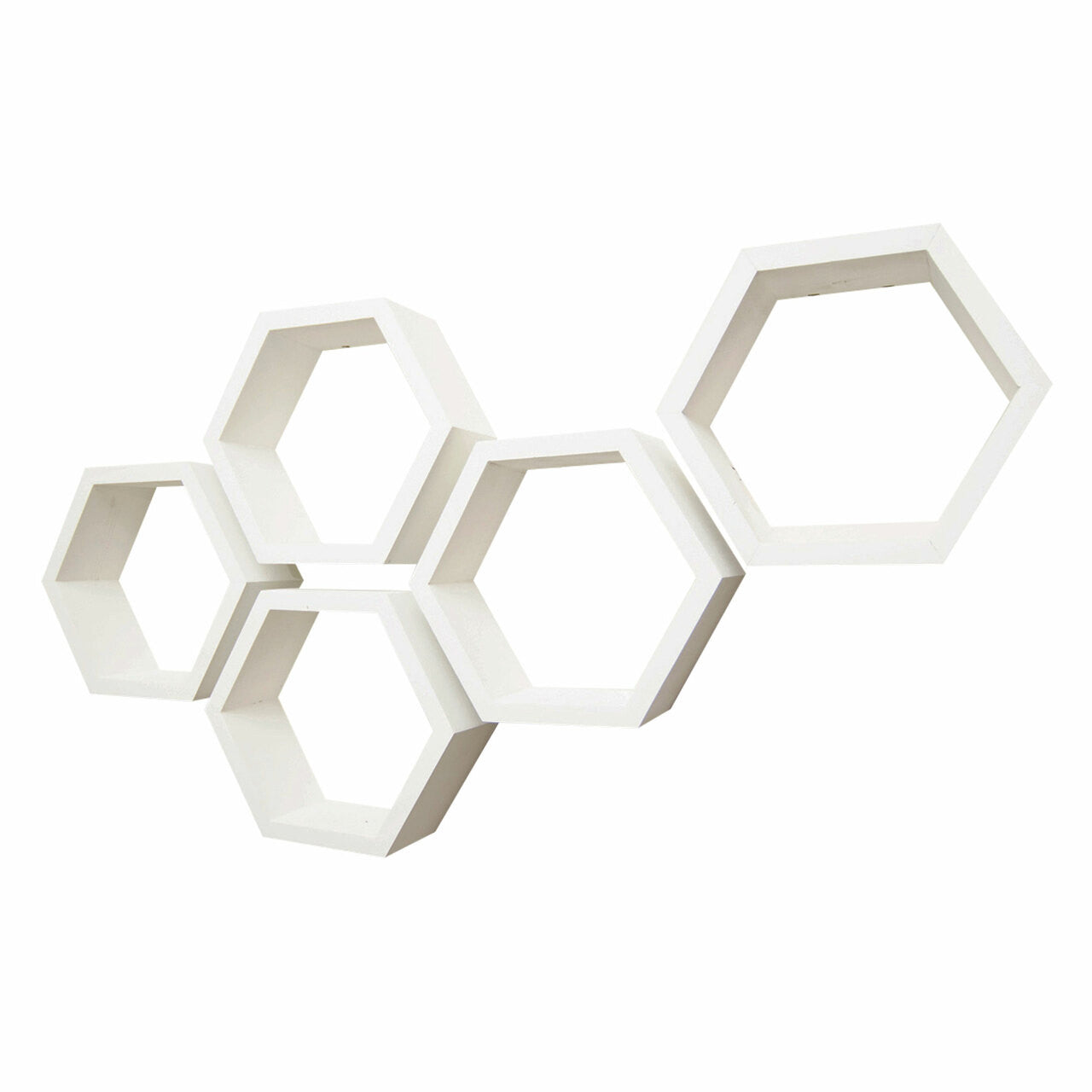 Five white hexagon floating shelves are arranged diagonally against a white background. The shelves are of varying sizes and depths, creating a modern, geometric display.