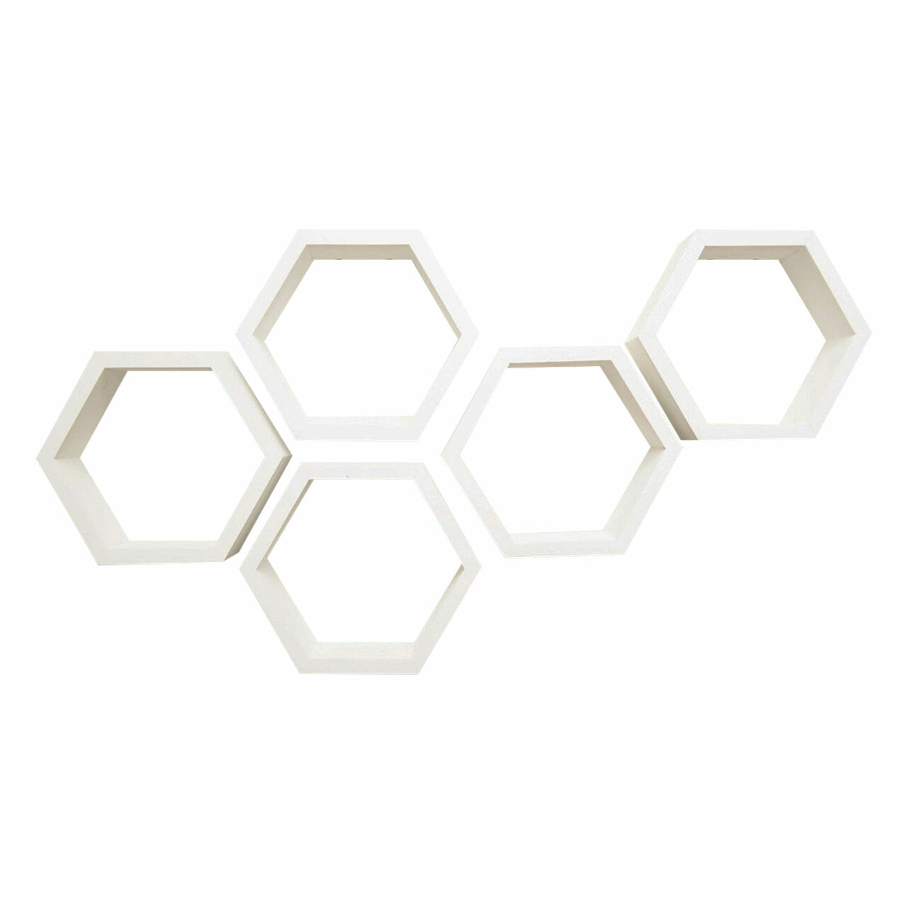 Five white hexagon floating shelves are arranged diagonally against a white background. The shelves are empty and appear to be made of a solid material with a smooth finish.