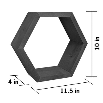 A dark grey, hexagonal floating shelf is shown with its dimensions. The shelf is 10 inches high, 11.5 inches wide, and 4 inches deep.