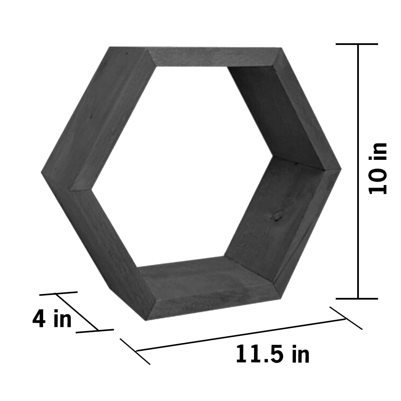 A dark grey, hexagonal floating shelf is shown with its dimensions. The shelf is 10 inches high, 11.5 inches wide, and 4 inches deep.