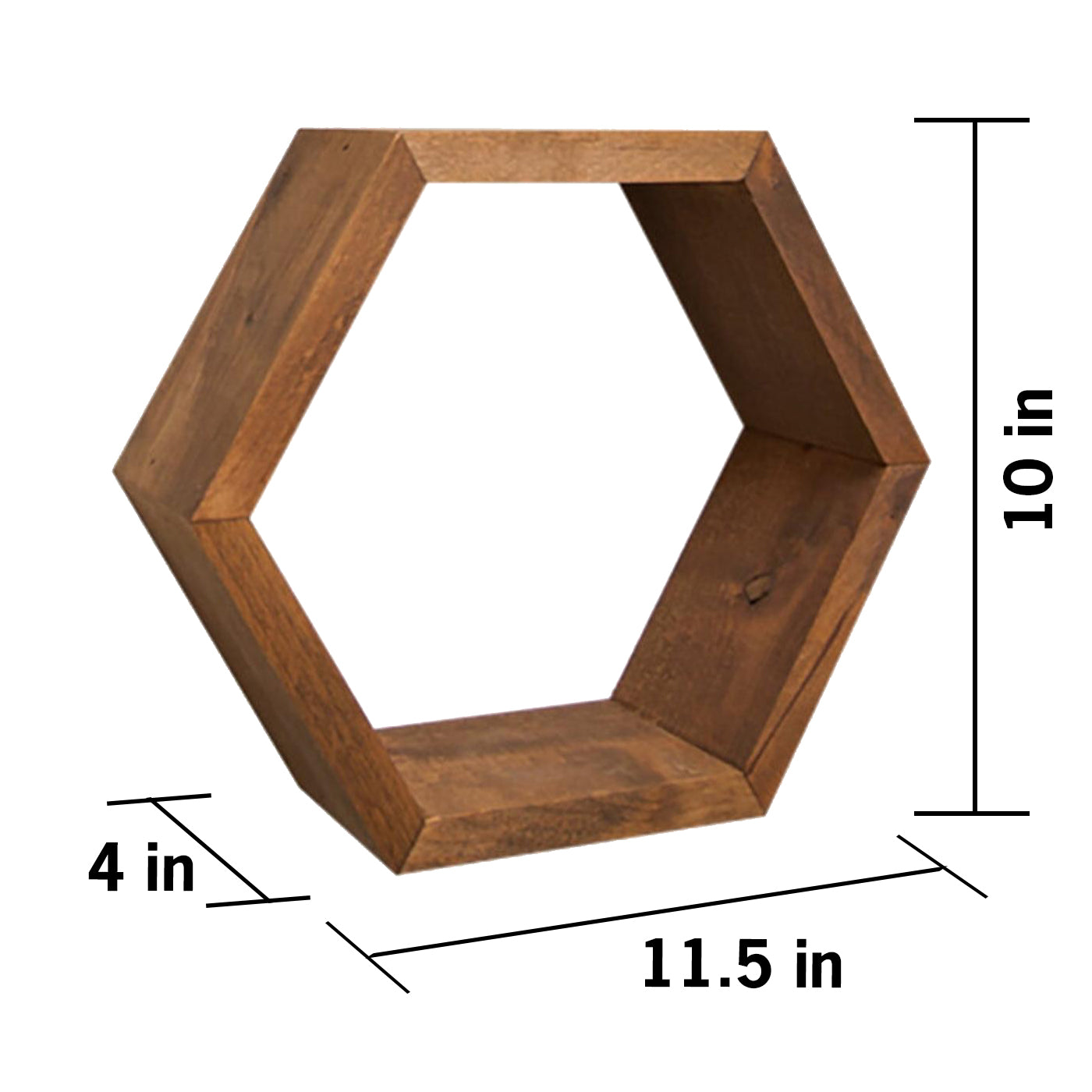 A dark brown wooden hexagonal floating shelf is shown with its dimensions. The shelf is 10 inches high, 11.5 inches wide, and 4 inches deep.