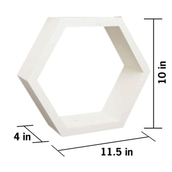 
A white hexagonal wall shelf is shown with its dimensions. The shelf is 10 inches tall, 11.5 inches wide, and 4 inches deep.