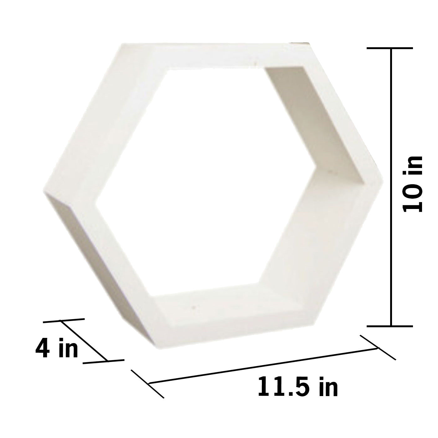 
A white hexagonal wall shelf is shown with its dimensions. The shelf is 10 inches tall, 11.5 inches wide, and 4 inches deep.