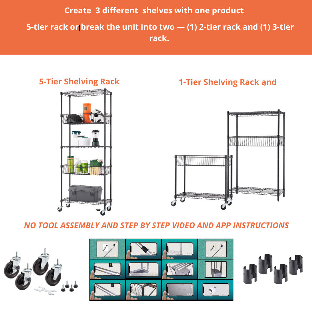 A product advertisement shows a 5-tier wire shelving rack that can be broken down into a 2-tier and a 3-tier rack, along with assembly instructions and included parts. The image highlights the versatility and ease of assembly of the shelving unit.