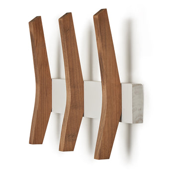 Three curved wooden hooks extend horizontally from a rectangular white and gray speckled base mounted on a white wall. The hooks are evenly spaced and angled slightly upwards.