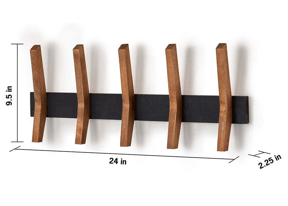 A horizontal, wall-mounted coat rack features five evenly spaced wooden pegs angled slightly upward and attached to a rectangular black backplate. The dimensions shown indicate the rack is 24 inches wide and 9.5 inches tall, with the pegs extending 2.25 inches from the wall.
