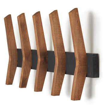 A slightly angled, full view shows a Drakestone Mid-Century Coat Rack mounted on a white wall. The rack features five evenly spaced, curved wooden hooks attached to a rectangular, dark gray backplate.