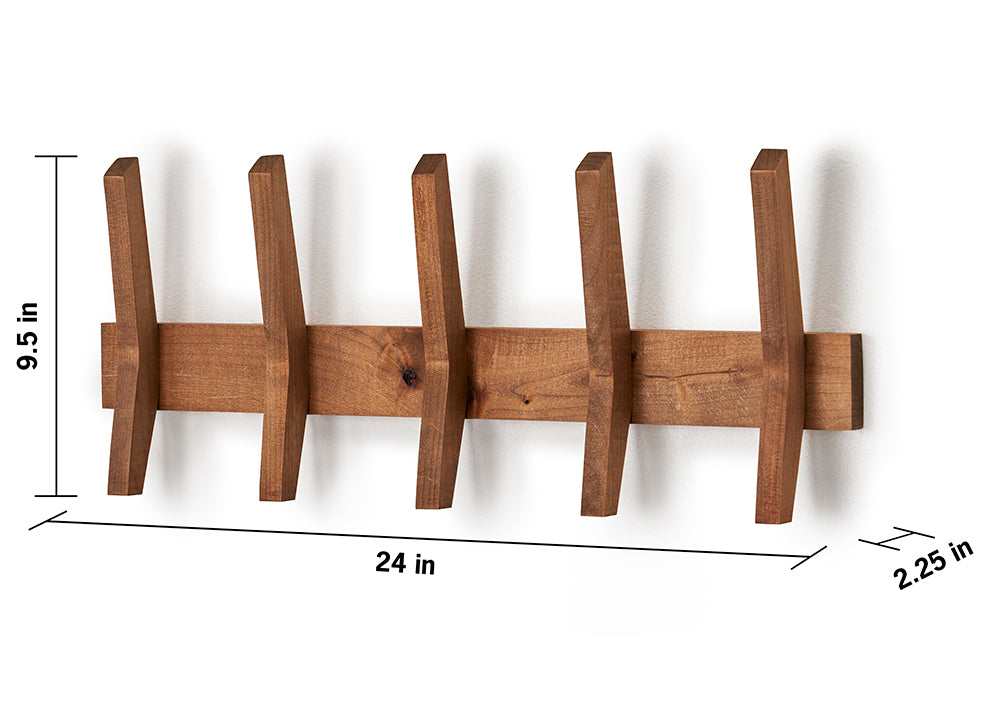 A wooden mid-century coat rack with five angled wooden hooks is mounted on a white wall. The rack is 24 inches wide and 9.5 inches tall, with each hook extending 2.25 inches from the base.