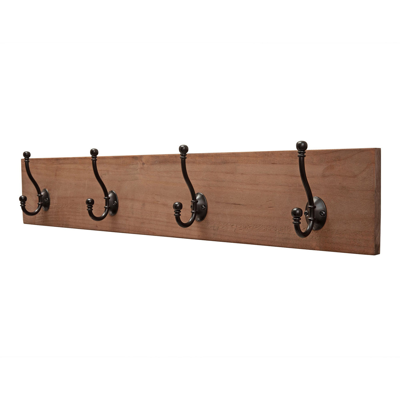 A wooden wall-mounted coat rack with four black metal double hooks featuring decorative ball tips. The hooks are evenly spaced on the wooden board, which has a natural finish.