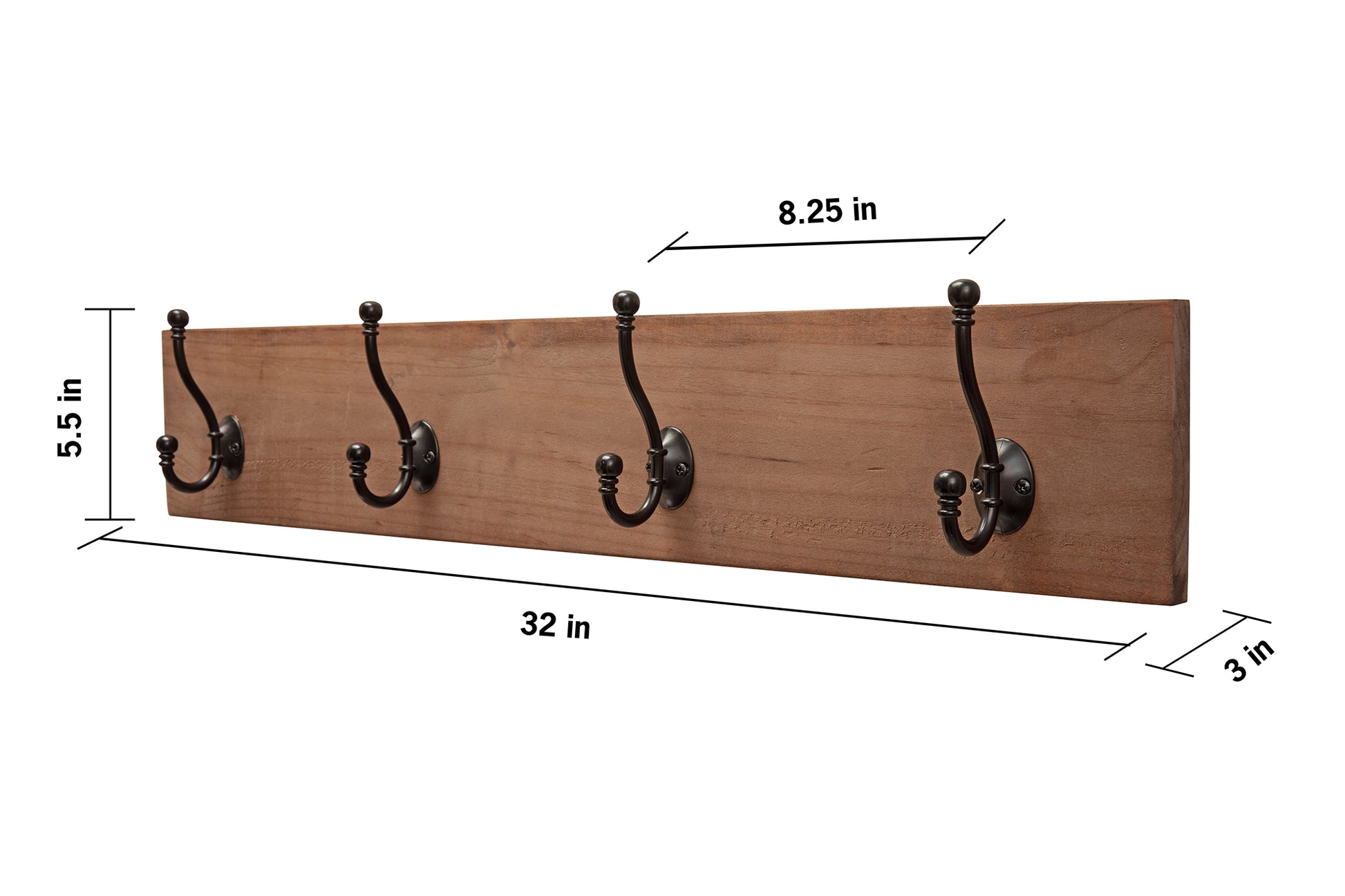 A wooden coat and towel rack is mounted horizontally against a white background. The rack features four dark metal hooks evenly spaced along a rectangular wooden board, with dimensions indicating it is 32 inches long and 5.5 inches high, and 3 inches deep.